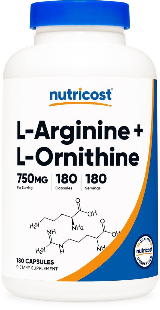 Nutricost L-Arginină L-Ornitină 750 mg; 180 capsule