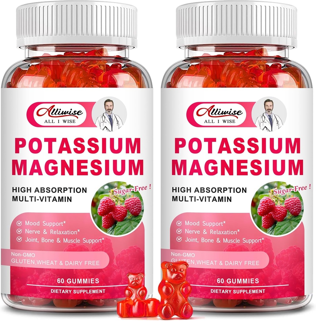2 Pack Supliment de magneziu de potasiu Gumries - Citrat de potasiu & magneziu Glicinat pentru cramps & picior, Mood & Relaxare, Suport energetic cu vitamina B6, D3, C aroma de zmeura