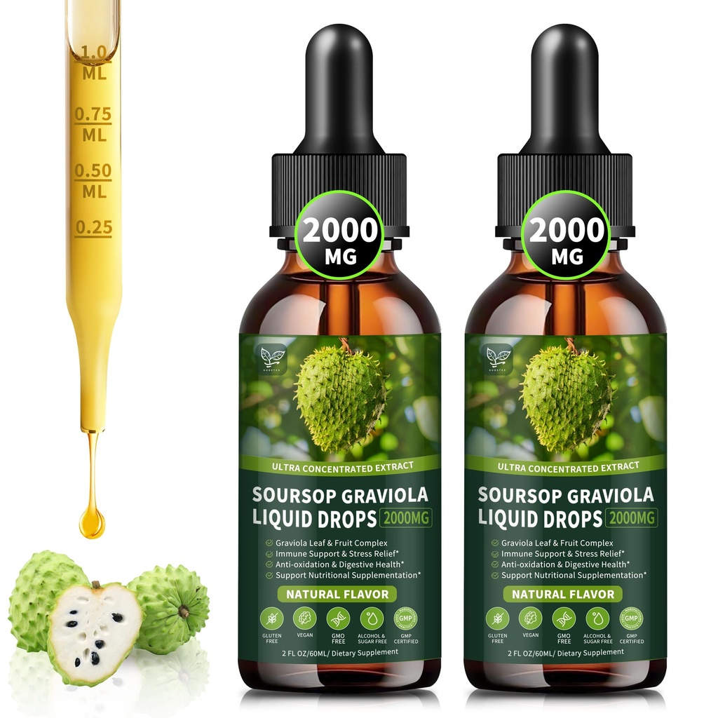 (2 ambalaj) Soursop Graviola picături lichide 2000mg, 98% Absorbție pentru suport Cell & Regenerare, Immune Boost, Ficat, Herbal Goodness, Soursop Bitters Lichid-Sugar/Gluten gratuit, aroma naturala, 4 Fl Oz