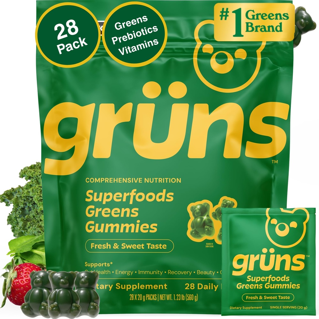 Gruns Adult Super Greens Multivitamine Gummies, Superfood Gummy Vitamine pentru femei și bărbați cu Spirulina, Chlorella, Adaptogens & Prebiotic Fiber pentru Digestive Health (28 Conte)