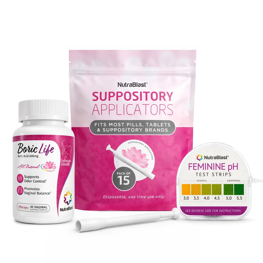NutraBlast Acid boric Sacilatori vaginali 600 mg (30 Count) w/Disposabil Supozitoare Vaginale Aplicatoare (15-Pachet) și Feminine pH Strips 3.0-5.5 (100 Teste Roll)