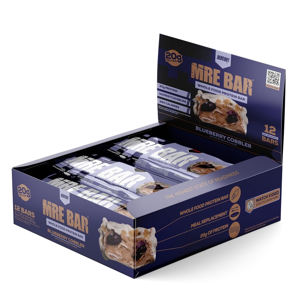 Redcon1 MRE Proteine Bar, Blueberry Cobbler - Contine MCT ulei + 20g de proteine alimentare integrale - Digestible Ușor, Macro Balanced Sugar Meal Replacement Bar (12 Baruri)