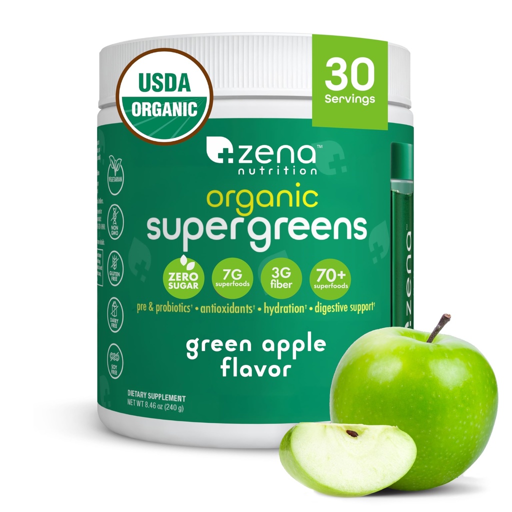 Zena Nutrition Organic Super Greens Powder, 70+ Superfoods, 0 Zahăr, 3G Fiber, Spirulina, Chlorella, Ciuperci, Prebiotice/Probiotice, Enzime digestive pentru sanatate gutoasa, Green Apple, 30 Servings