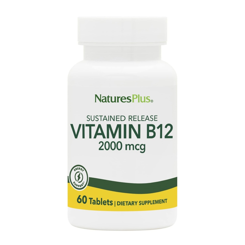 Naturas Plus Vitamina B12 (Metilcobalamină), eliberare susținută - 2000 mcg, 60 comprimate vegetariene - suport de celule roșii de mare potențial - Booster de energie naturală - Gluten-free - 60 Serviri