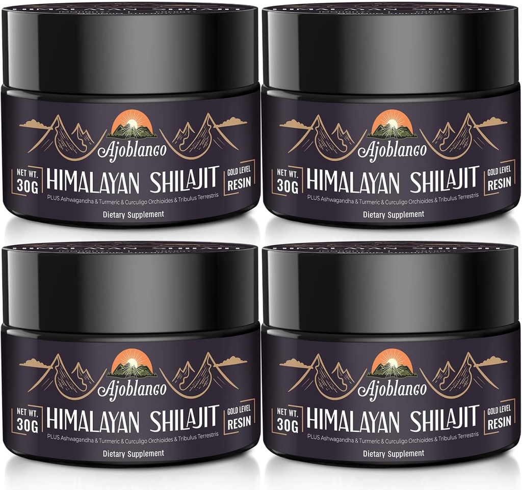 Ajoblanco 600mg Natural Himalayan Organic Shilajit Resin - Himalayan Gold Shilajit Resin cu organic Ayurvedic Blend în mare potenta pentru energie, Putere & Imunitate, Pachet de 4
