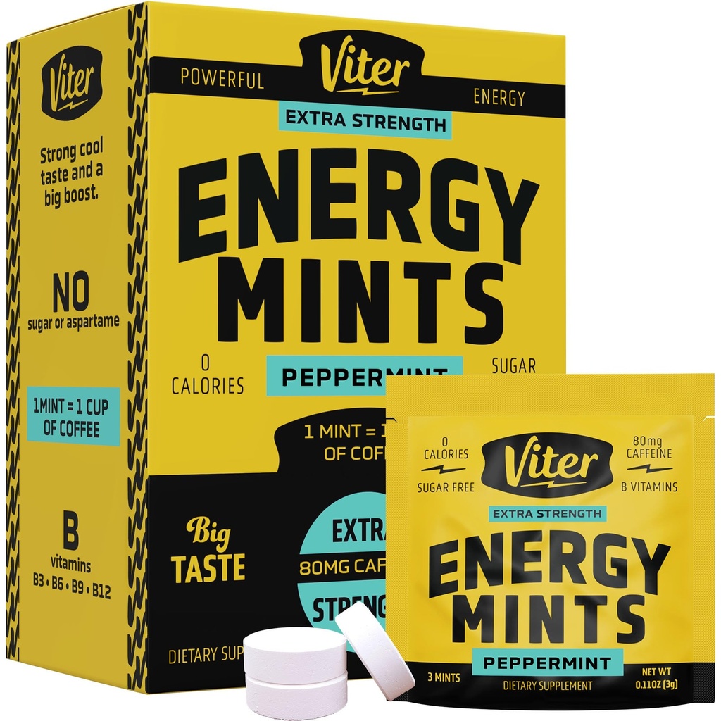 Viter Energy Cafeine Mints 80mg Extra Putere - 90 Piese Cafeinate cu vitamine B. Sugar gratuit Vegan respiratie menta. Energize Nootrop Focus Booster pentru alertă rapidă (Peppermint Flavor, 30 Pack)