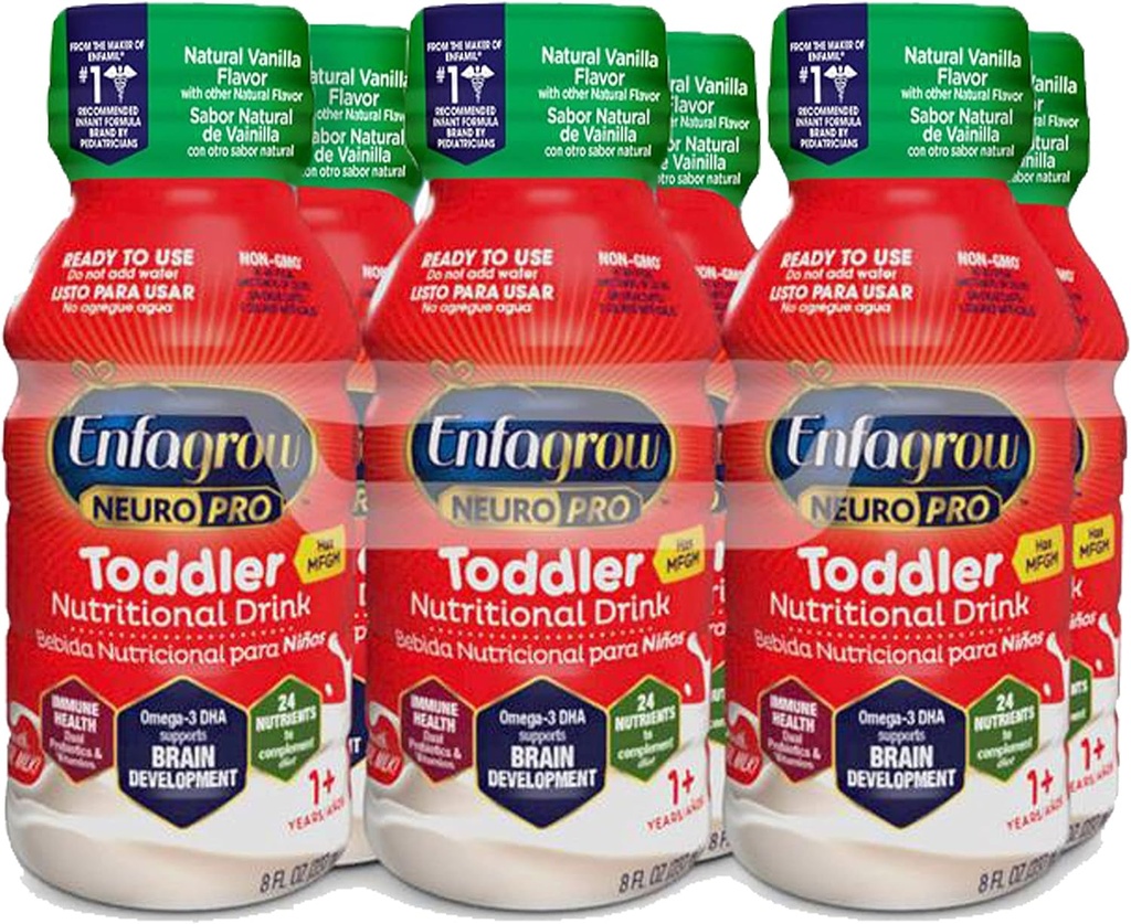 Enfagrow NeuroPro Toddler Nutritional Drink, Vanilla Flavor, Omega-3 DHA pentru Brain Support, Prebiotics & Vitamine pentru Immune Health, Gata de utilizare Sticle, 8 Fl Oz, 6 Conte