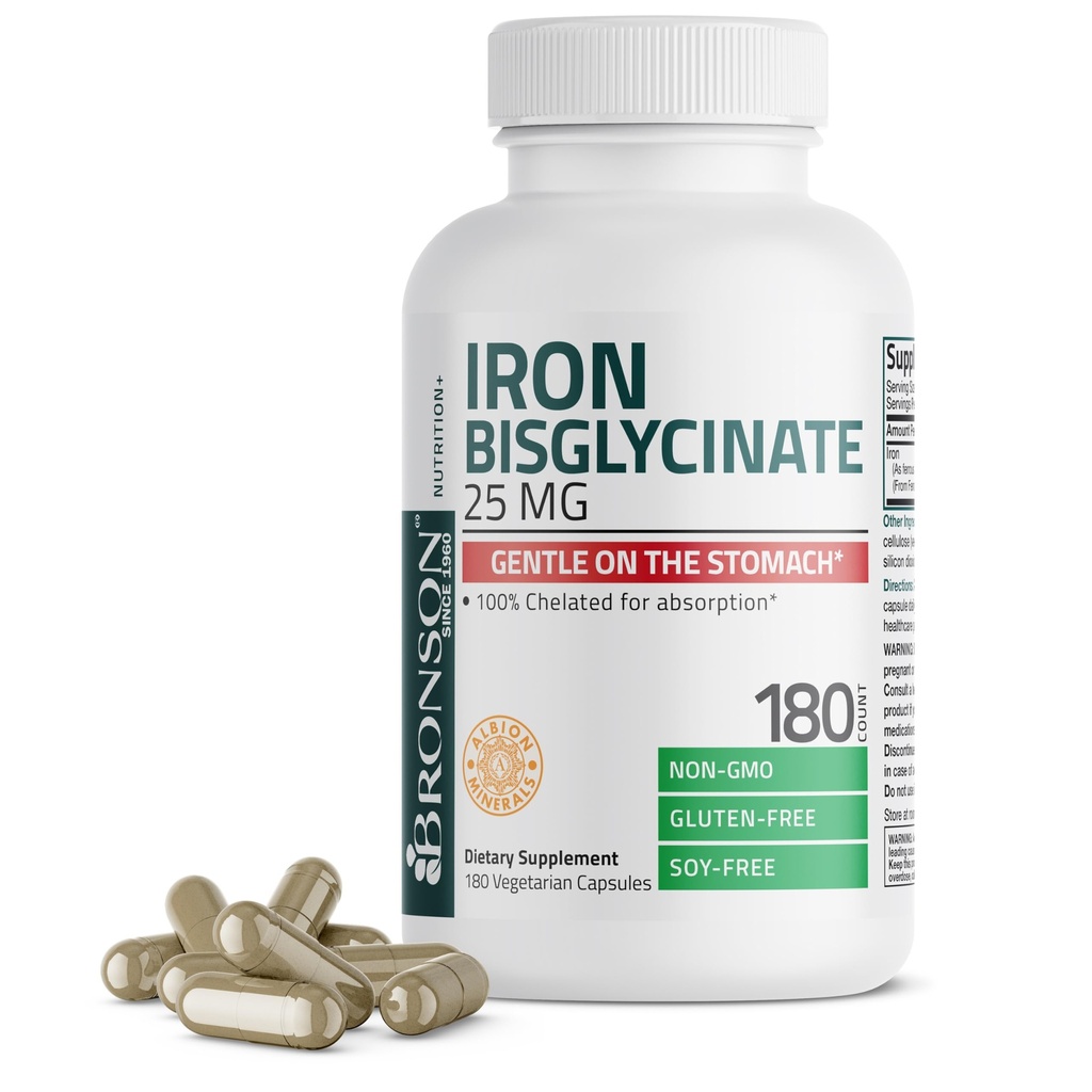 Bronson Iron Bisglicinat 25 mg Blând pe stomac, susţine producerea de energie şi sănătos celule roşii de sânge - Formula non-consceptiva - non OMG, 180 capsule vegetariene