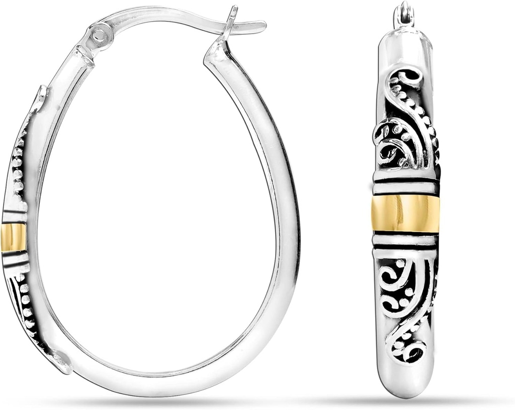 LeCalla 925 Sterling Silver Bali-Style Hoop Cercei Lightweight Click-Top Antique Two-Tone Style Cercel italian Bali cercei pentru femei