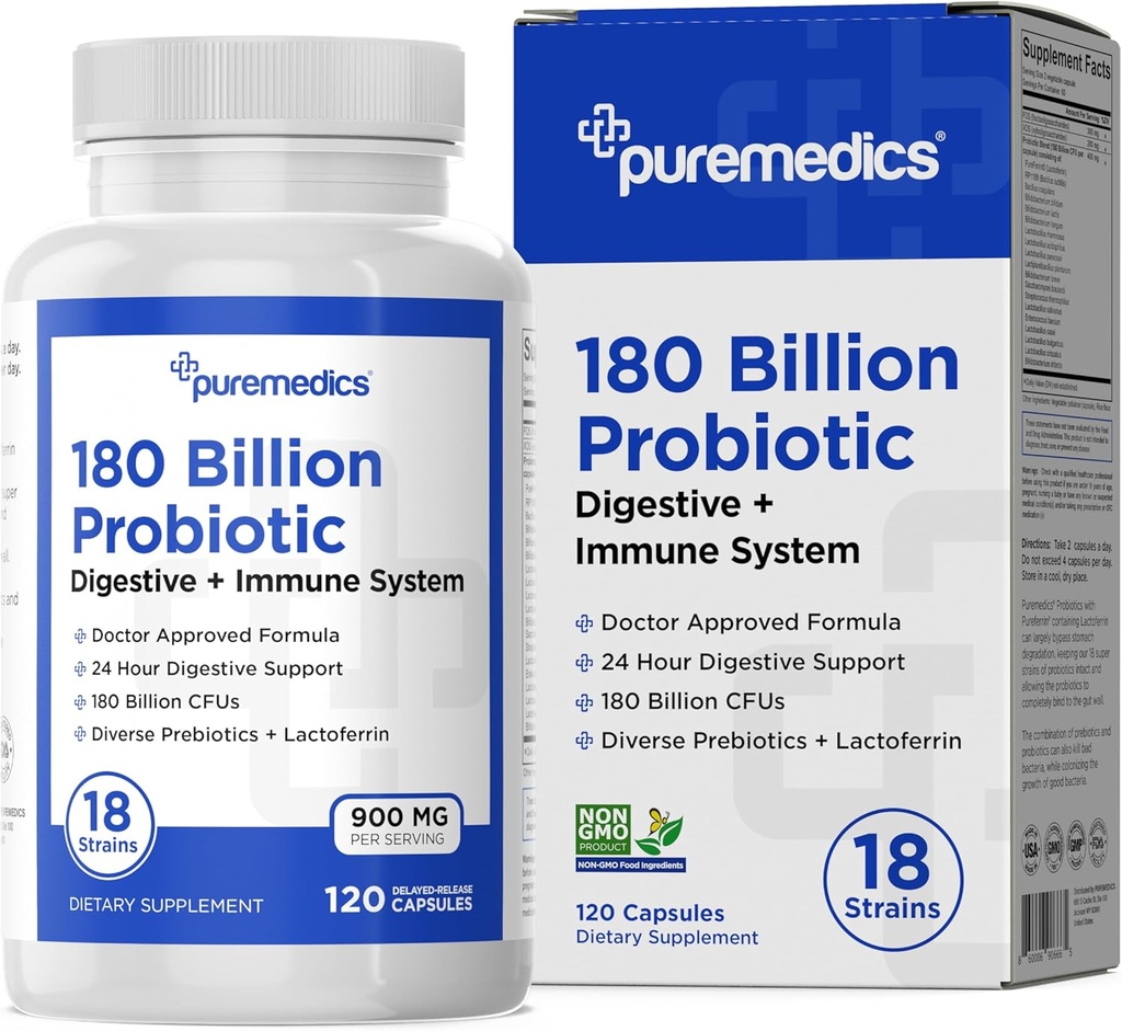 Formula de alegere Probiotice 180 Miliarde CFU - 18 Tulpini + Lactoferrin + Prebiotice - Immune, Digestive & Gut Health - Constipație, Diaree, Gaz și Blooting - pentru femei și bărbați - 120ct