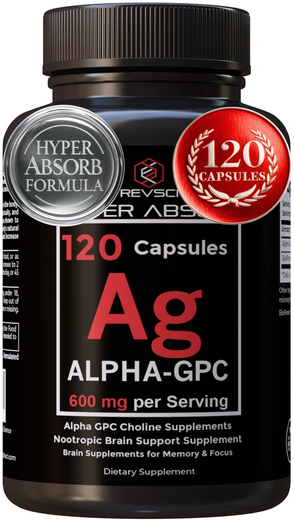 Alpha GPC Supliment & BioPerine pentru Hiper Absorbție - 120 Conte, Alpha-GPC 600mg per Serving - Nootrops for Memory, Focus, Energy, & Drive - Suplimente coline la Boost Acetilcolina, Made in USA
