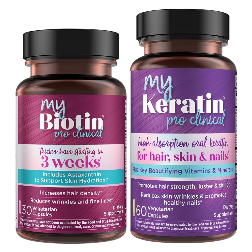 Produse de puritate Bundle - MyBiotin ProClinic + MyKeratin Terapia avansată a părului MyBiotina ProClinică (Biotină, MB40X Matrix, Astaxantină) - MyKeratin (Generația următoare de păr keratin, piele și unghii)