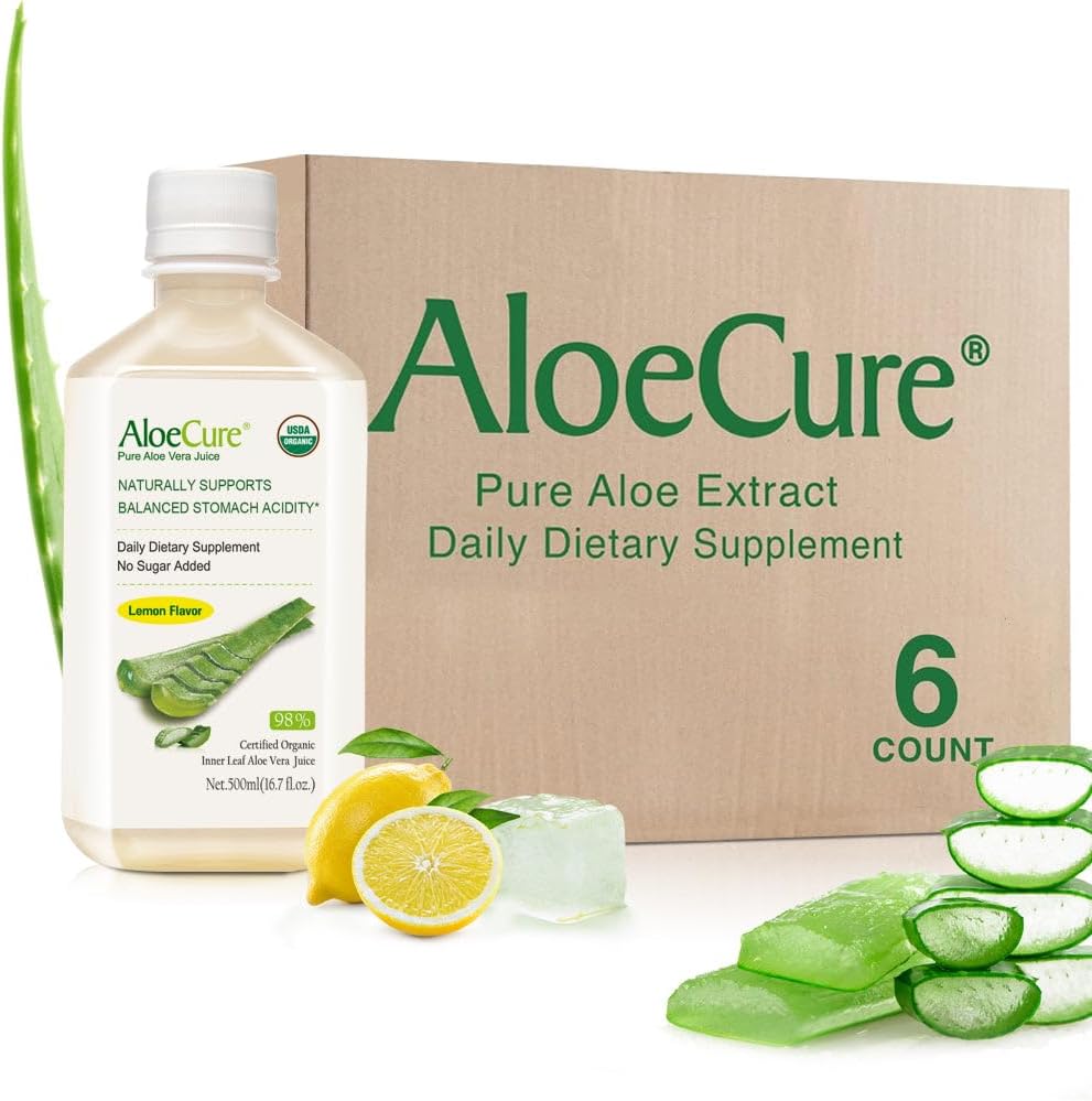 AloeCure USDA Organic Aloe Vera Juice Lemon Flavor - Produs în termen de 12 ore de la recoltare - naturale Digestive Supliment pentru echilibru aciditatea stomacului - Suport Digestive și Immune Health, 6 Btls x 16.7oz