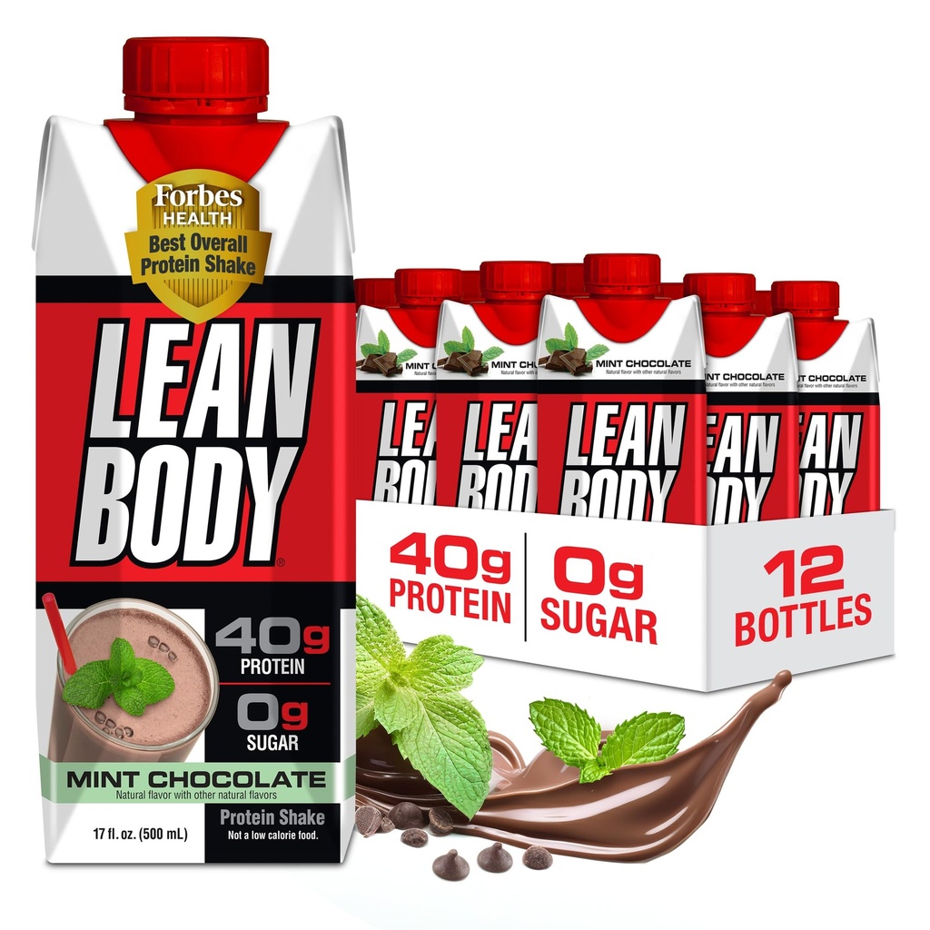 Labrada Lean Body Ready-to-Drink Mint Proteine Shake, 40g Proteine, Whey Blend, 0 Zahăr, Gluten Free, 22 Vitamine & Minerale, (Costum reciclabil & Lid - Pachet de 12) LABRADA