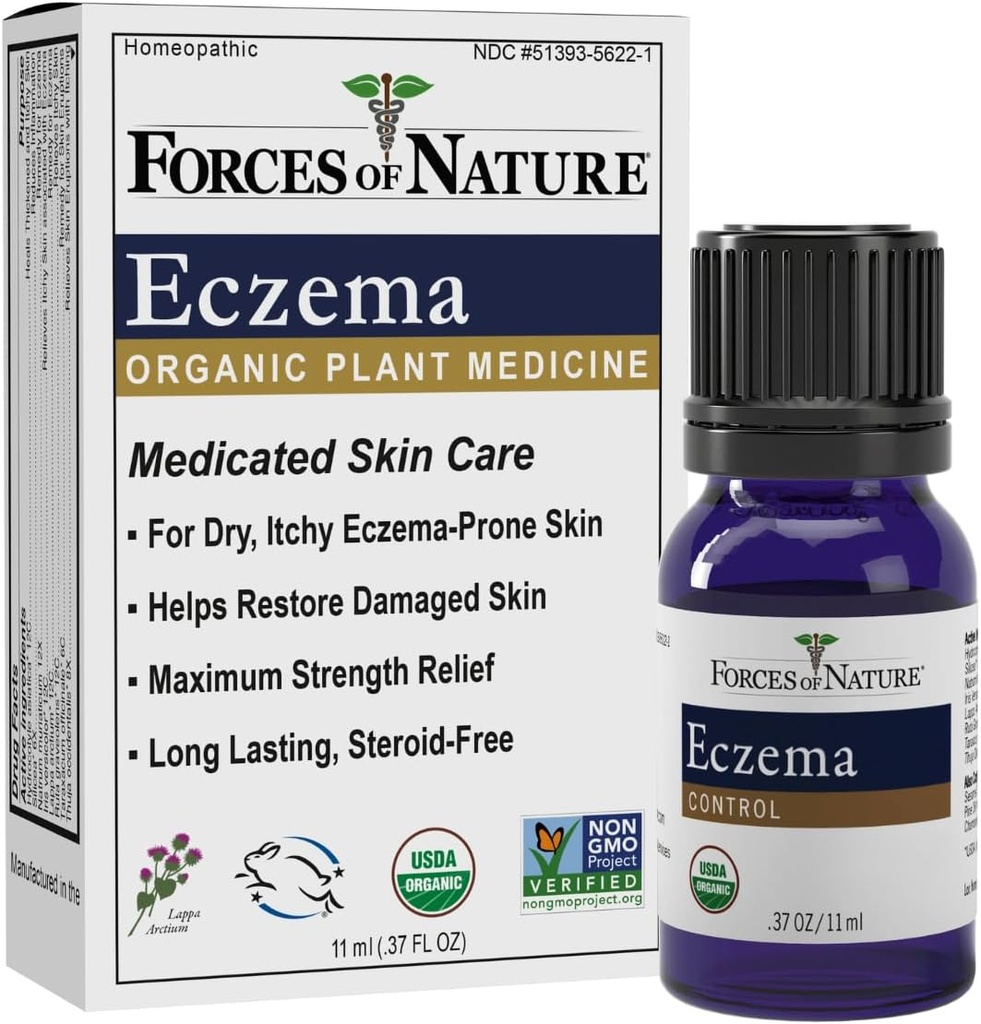 Forces of Nature Eczema Control, Sensibil, Dry and Itchy Skin Relief, Steroizi-Free Skin Care for Flare-Ups, Eczema Tratament pentru adulți, Organic Homeopatic Medicine, Fast-Actioning, 11ml (0,37 fl oz)