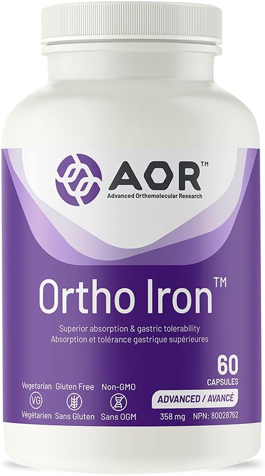 AOR, Ortho Iron, susţine absorbţia şi tolerabilitatea gastrică a fierului, formarea de celule roşii sanguine sănătoase, Suplimentul alimentar, vegetarian, 60 Servings (60 capsule).