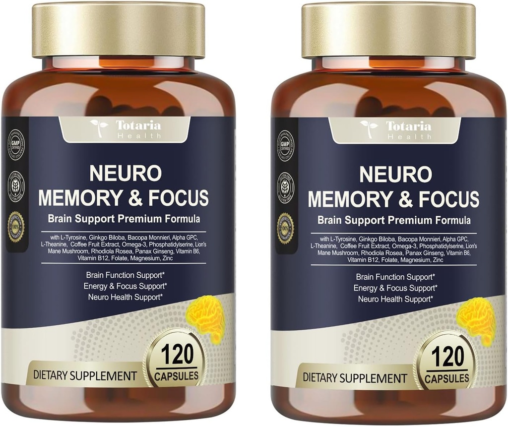 Totaria C-ognitiv cu pastile de cofeină, L-Tyrosine, Alpha GPC, Ginkgo Biloba, Bacopa Monnieri Brain Supliment pentru memorie și concentrare, Brain Nootrop Support - Non-GMO, Gluten Free (120 Counts)
