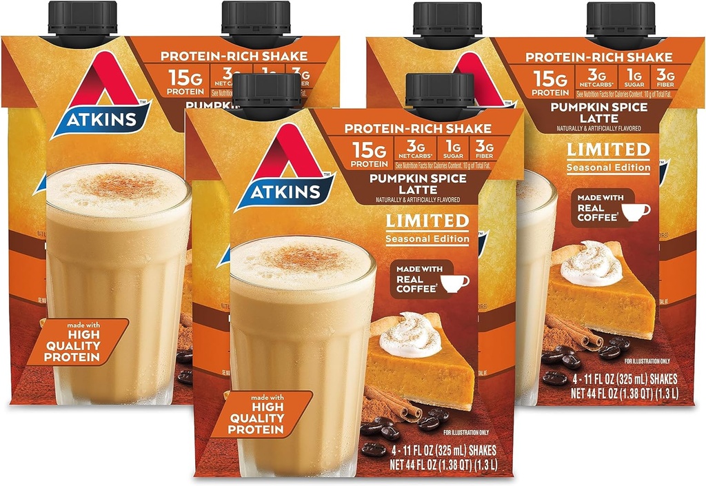 Atkins dovleac Spice Latte, 15g Proteina, 3g Net carbohidrati, 1g zahăr, Low Glycemic, Keto Friendly, 12 Conte