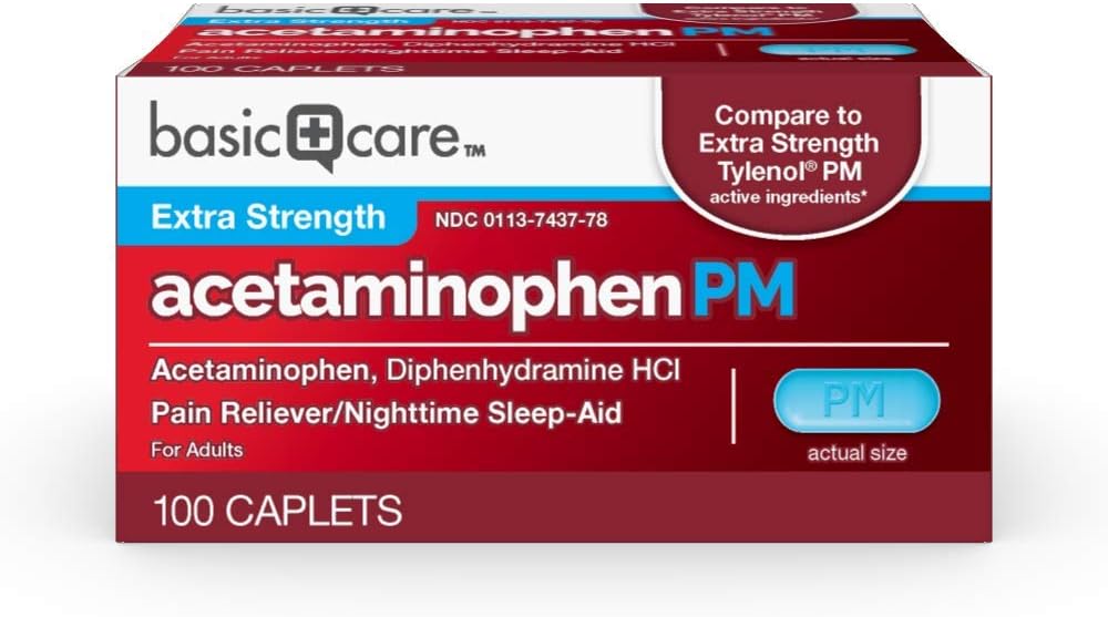 Îngrijire de bază Acetaminofen PM, Durere Relieiver Plus somn pe timp de noapte ajutor Caplet, 100 Conte