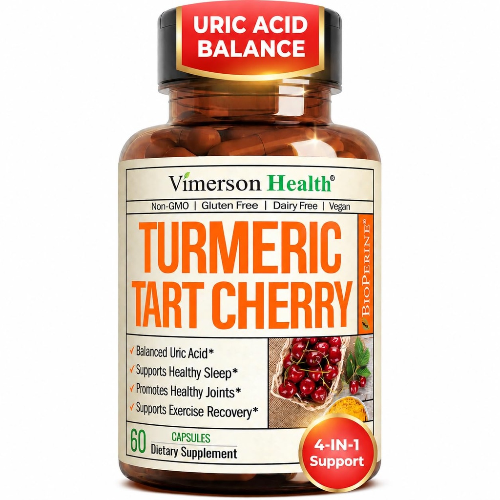 Curcumina cucurcumina cu 10:1 tarta extract de cirese si extract de seminte de telina - Echilibru acid uric natural, sanatate comuna si ajutor de somn - Curcumina cu piper negru. 60 capsule de cirese tarta