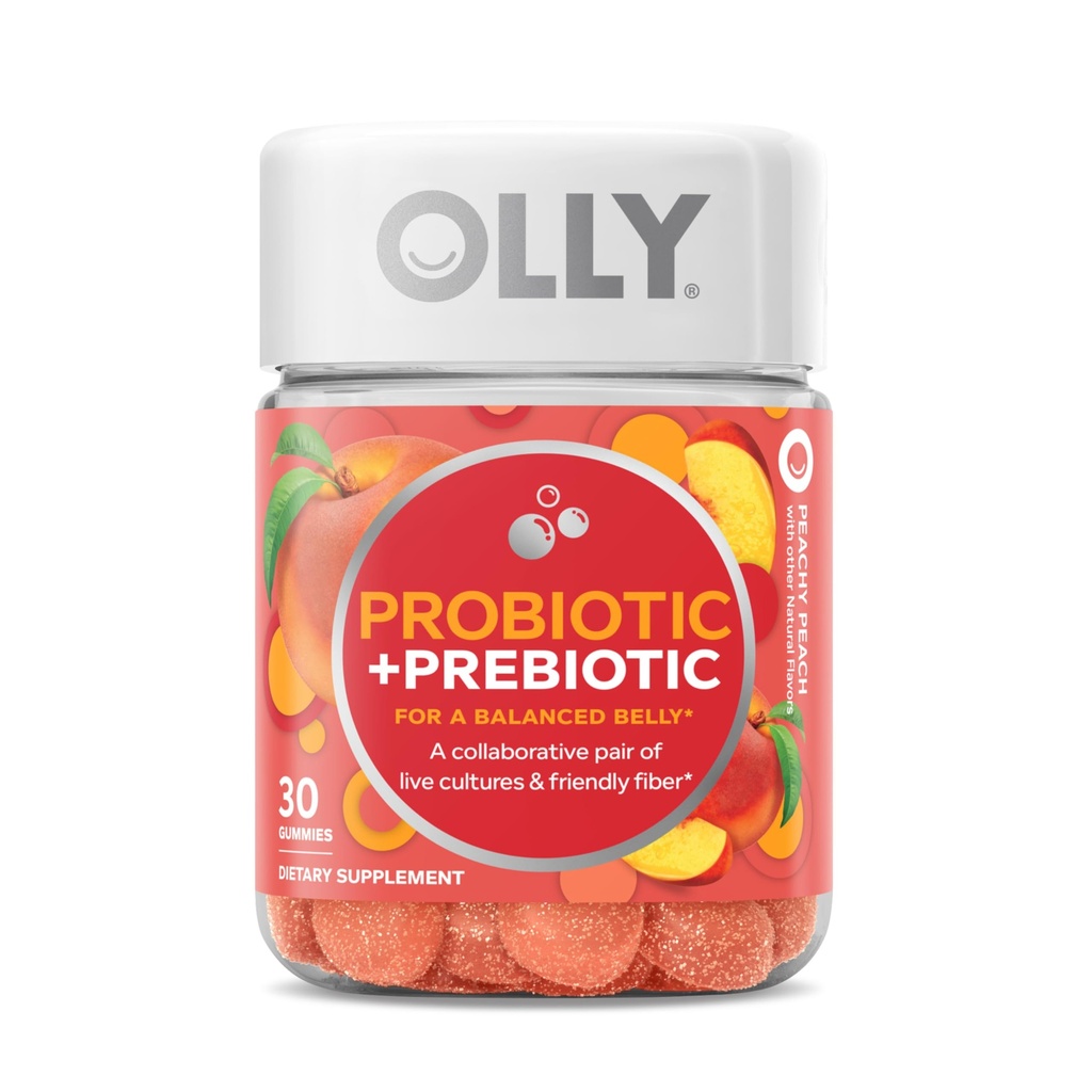 OLLY Probiotic + Gummy prebiotic, 500 milioane CFU, FOS, adult supliment masticabil pentru bărbați și femei, aromă de piersici, 30 zile de aprovizionare - 30 Conte