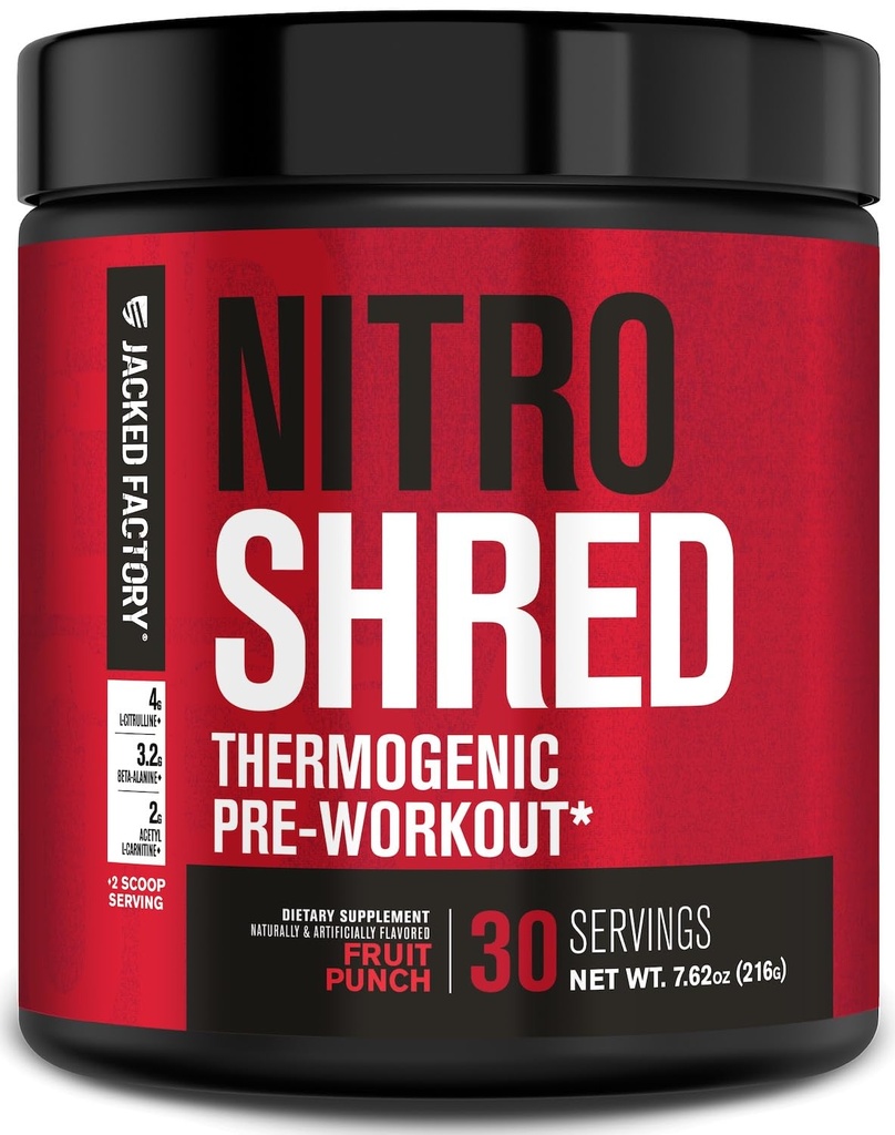 Fabrica Jacked NITROURGE Shred Pre Workout Supliment - Booster energie, câştiguri de putere instant, Sharp Focus, Pompe puternice - Nitric oxid Booster & PreWorkout pulbere - 30Sv, fructe Punch