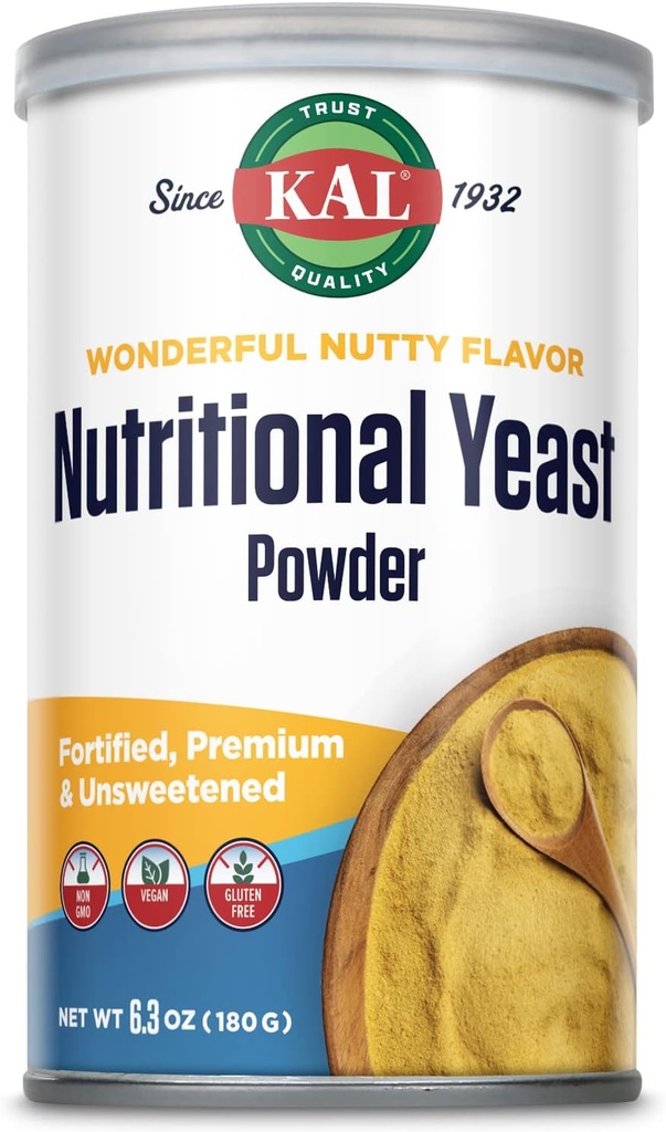 KAL Nutritional Yeast Powder, Fortified with B6, B12, Folic Acid and Other B Vitamins, Premium and Neîndulcit, Great Nutty Flavor, Vegan, Gluten Free, Non-GMO, 60-Day Guarantee, 20 Servings, 6.3oz