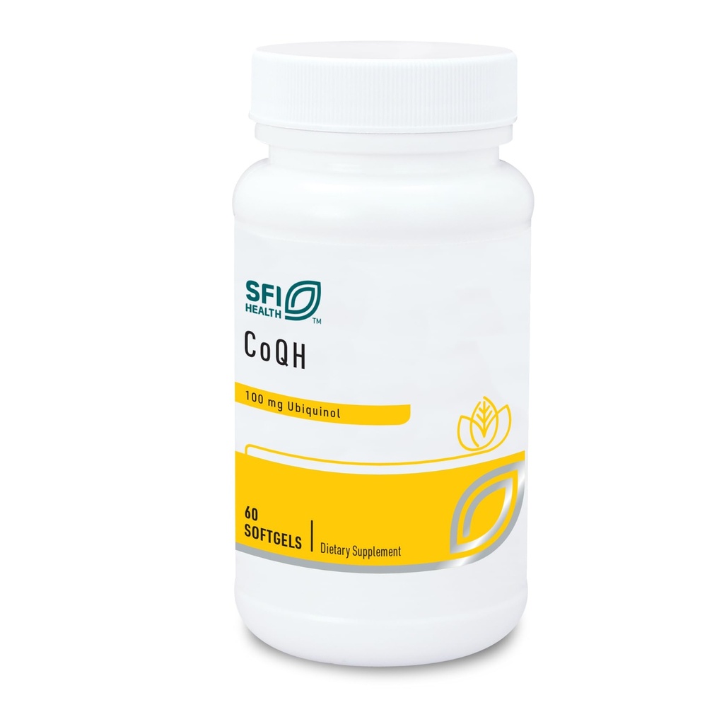 Klaire Labs SFI Health CoQH - Hipoallergenic 100 Milligrame Coenzime redusă Q10 sub formă de Ubichinol solubilizat în ulei D-Limonen pentru suport mitocondrial (60 Softgels)