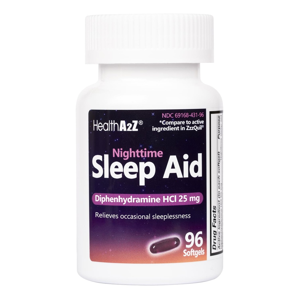 HealthA2Z Sleep Aid, Difenhidramină HCl 25mg Softgels, Suportă mai adânc, somn odihnitor, Non Habit-Forming (96 Softgels)