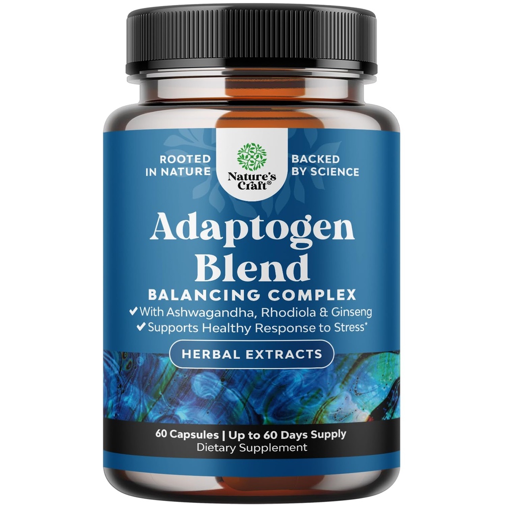 Herbal Adaptogen Mood Supplement - Calmant Adaptogens Supliment pentru Stres & Cortisol Management cu Ashwagandha Rhodiola Rosea & Maca Root - Vegan Non OMG & Daytime Friendly - 60ct