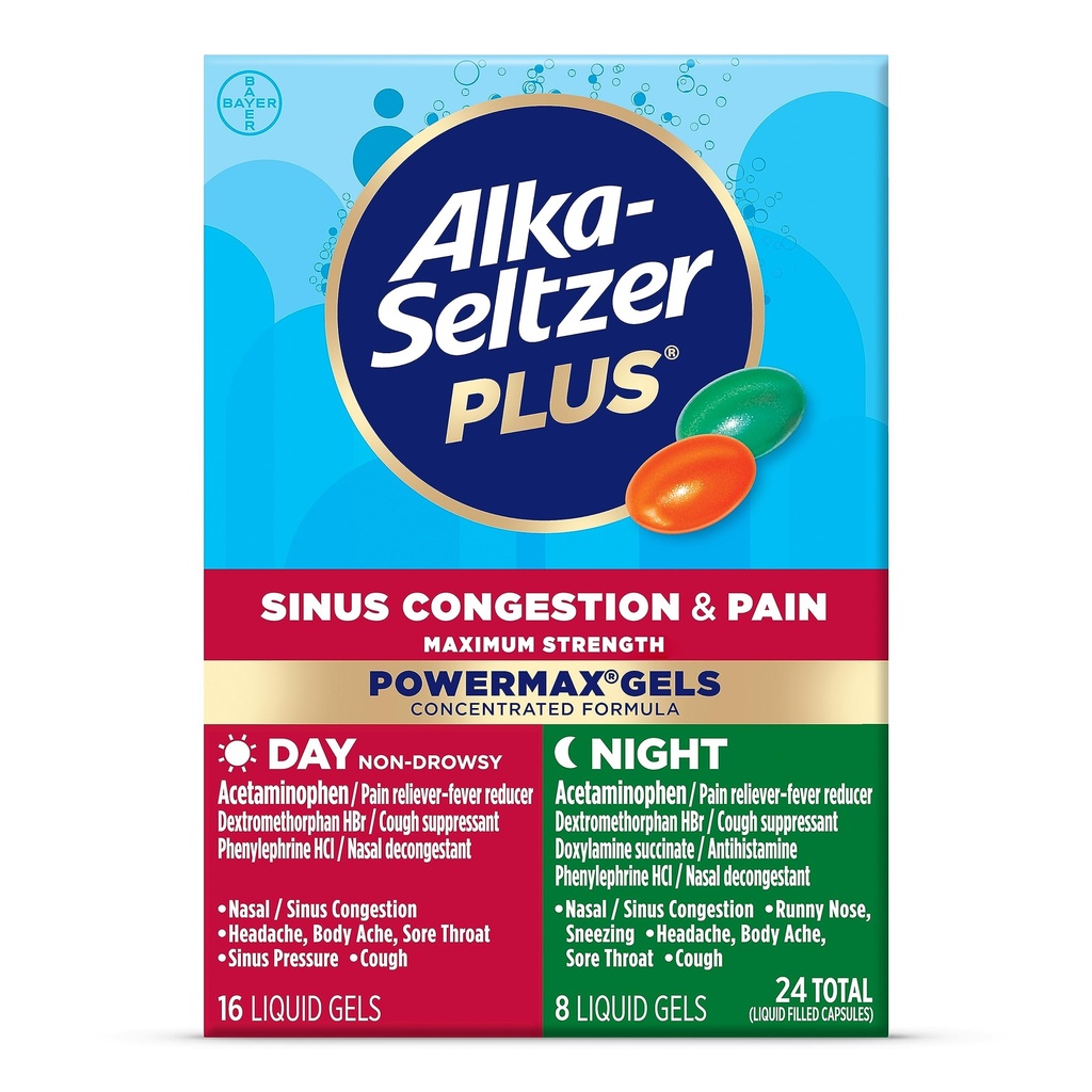 Alka-Seltzer Plus Putere maximă PutereMax Sinus congestie & durere Medicina, Ziua + Geluri lichide de noapte - Relief puternic pentru rece și gripă, + Congestia sinus pentru adulți și copii 12+ Ani, 24 Conte