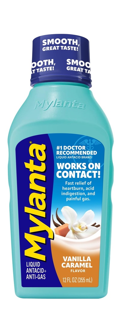 Mylanta Heartburn and Gas Relief, Lichid Antiacid, Vanilla Caramel Flavor, 12 Fluid Ounce