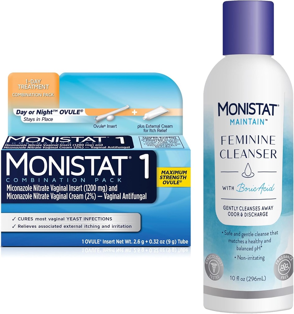Monistat 1 zi Tratamentul infectiei cu dungi pentru femei, 1 Miconazol Ovule Introdu & Monistat extern Anti- Itch Cream Bundle + 10 fl oz Acid boric Feminin Cleanser