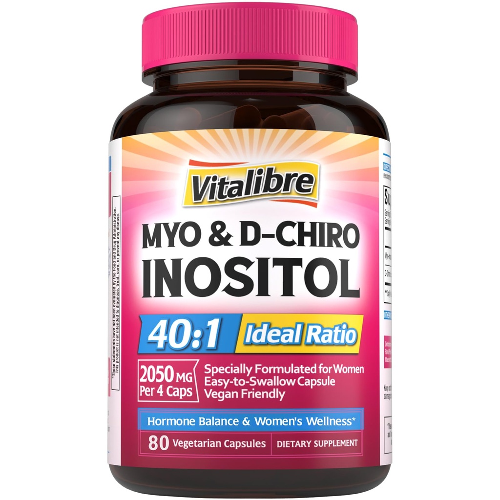 Inozitol Supliment, Myo-Inositol & D-Chiro Inositol Suplimente de fertilitate pentru femei, 40:1 Raport ideal, Echilibru hormonal şi suport ovarian, 80 Capsule Vegane