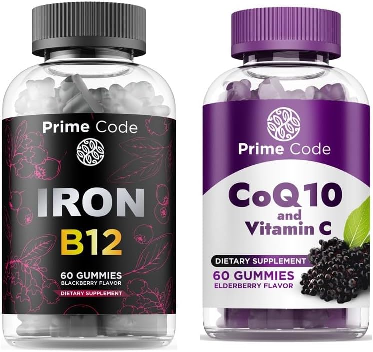 Prime Code Iron Gummies for Women & Men with Vitamin B12, [2 in 1] CoQ10 200mg & Vitamina C 250mg Gummies