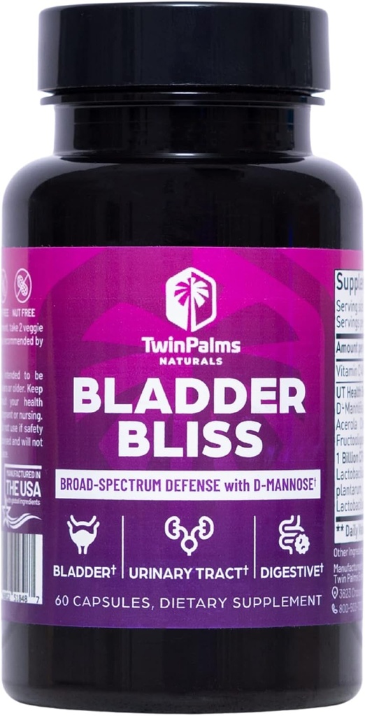 Bladder Bliss: Advanced Cranberry Supplement & D-Mannose Formula pentru tractul urinar Sănătate pentru femei, Non-GMO, Gluten-Free, Capsule Vegane, Rapid-Active Relief & UTI Prevention, Bladder Support, 60 Ct