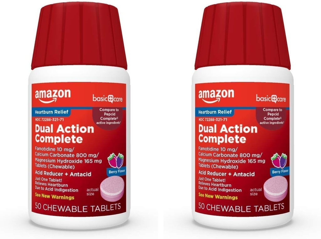 Îngrijire de bază Dual Acţiune Complet, Reductor de acid masticabile Plus Antiacid comprimate, Aroma de Berry, Arsuri la stomac Medicina, Acid Indigestie Relief, 50 Număr (Pachet de 2)