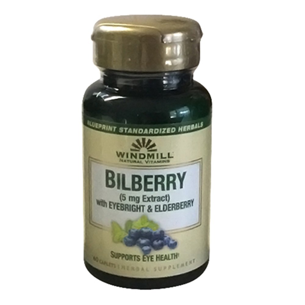 Windmill Bilberry 5 mg Extract Caplets, Cu Eyebright & Elderberry Supports Eye Health, 60 Ea