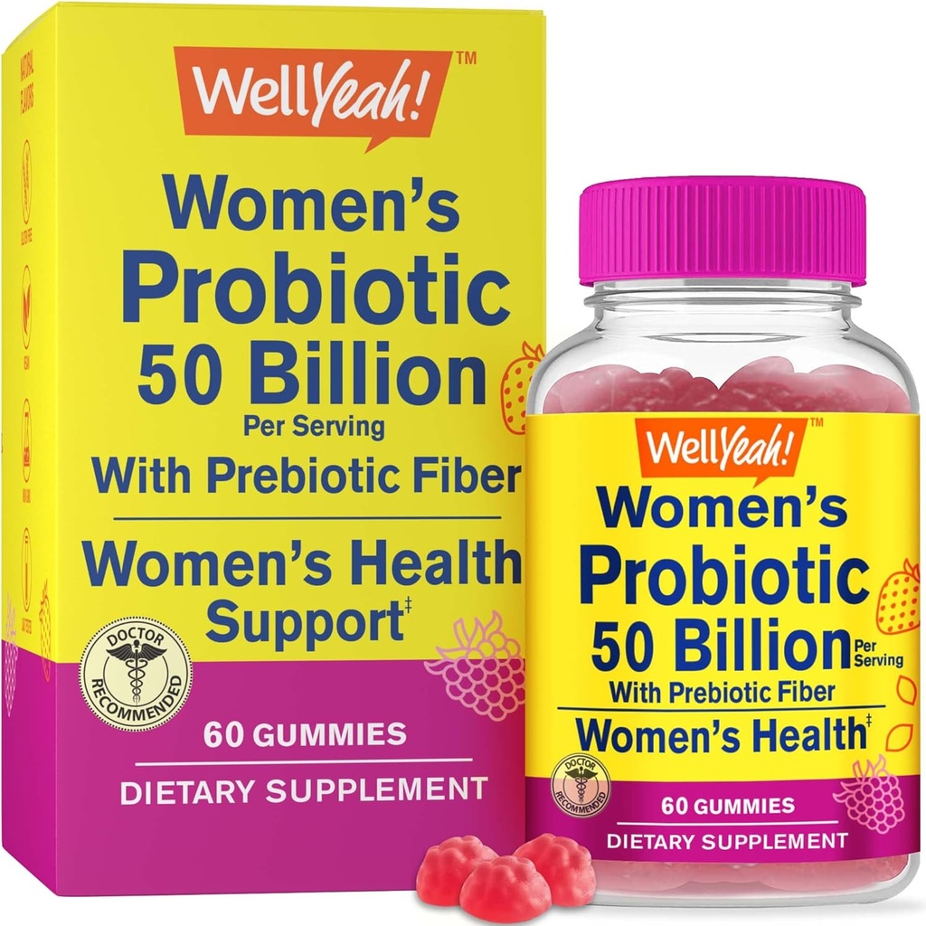Ei bine, da Femei Probiotice 50 Miliarde Gume 12 Strains - cu Prebiotic Fibră pentru Digestive - Vaginal, Digestive, Immune Suport și Gut Sănătate - Perioada de valabilitate Gummii Probiotice stabile - 60 Gume
