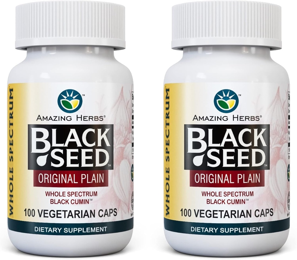 Plante aromatice uimitoare Întregul Spectrum Black Seed Original Plain, Capsule vegetariane - Gluten Free, Non OMG-uri, Nigella Sativa Cold ADS în Digestive Health - 100 Conte, 475mg (2-Pack)