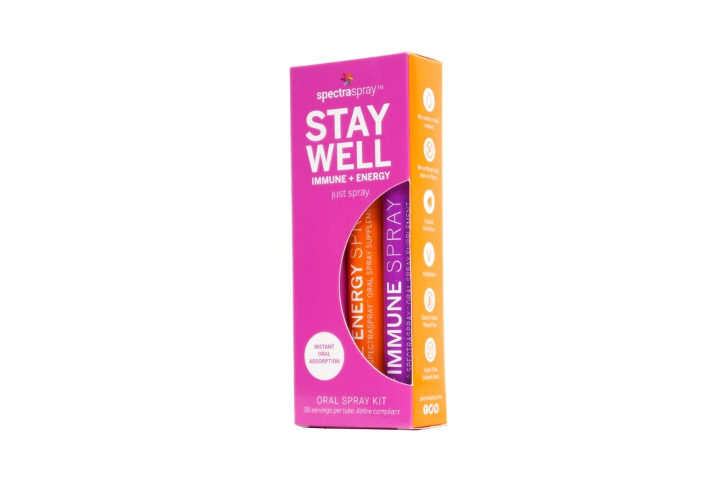 Spectraspray Travel Wellness Stay Well Kit - Suport imunitar & B12 Sprayuri cu vitamina oral Rapid Imunitate Boost & Active Form de B12 pentru recuperare & energie, Vegan & Gluten gratuit, 30 zile de aprovizionare pe Spray
