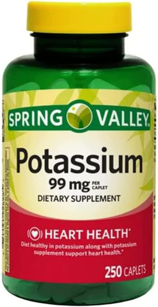 Spring Valley Caplete de potasiu Supliment alimentar, 99 mg, 250 Conte