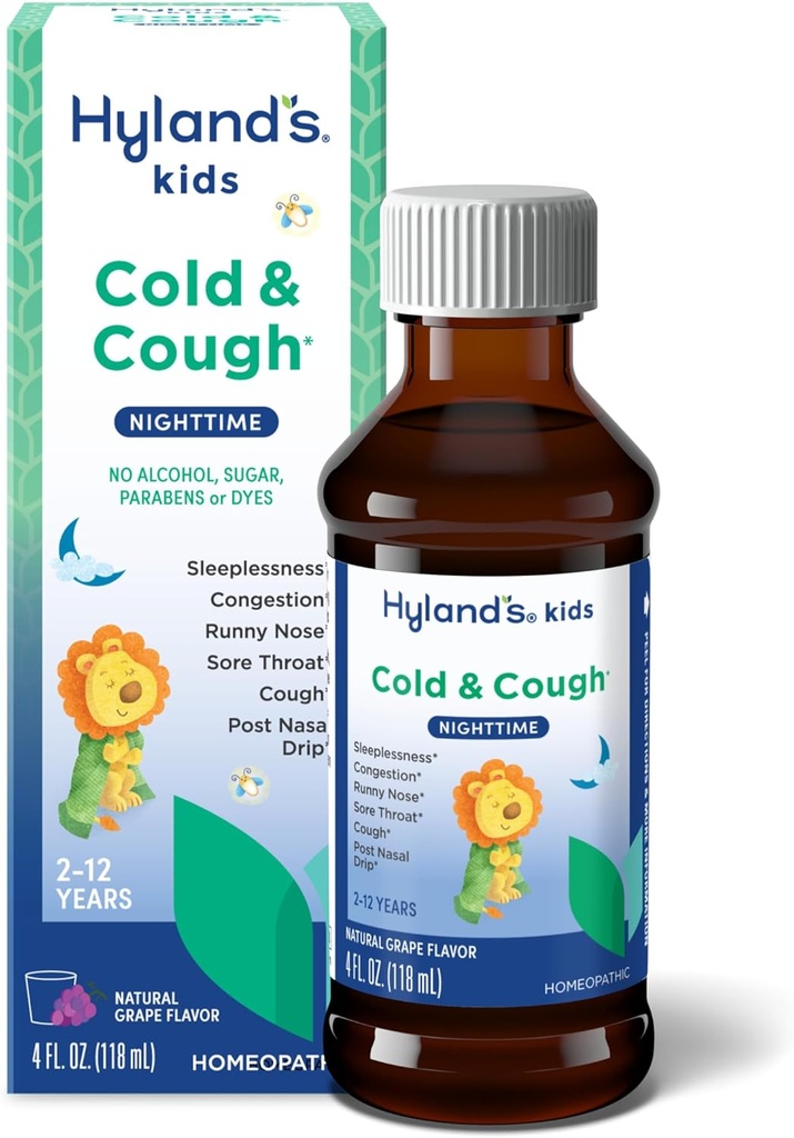 Hyland's Kids Cold and Cough, Nighttime Grape Flavor Cough Syrup Medicine for Kids Ages 2 and up, Decongestant, Sore Throat, and Sleeplessless Relief of Common Cold Simptomes, 4 Fl Oz