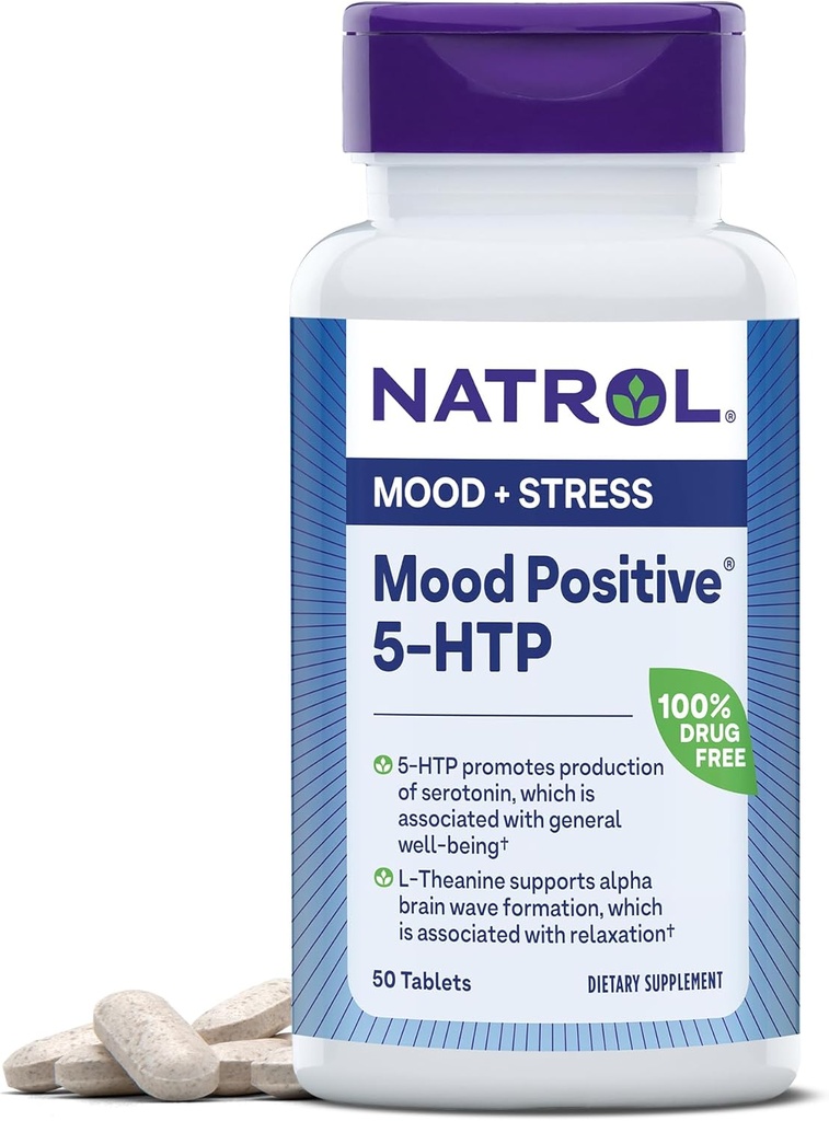 Natrol Mood pozitiv 5-HTP și L-Teanină pentru emoție echilibrată și relaxare, 50 comprimate, până la 50 zile de aprovizionare