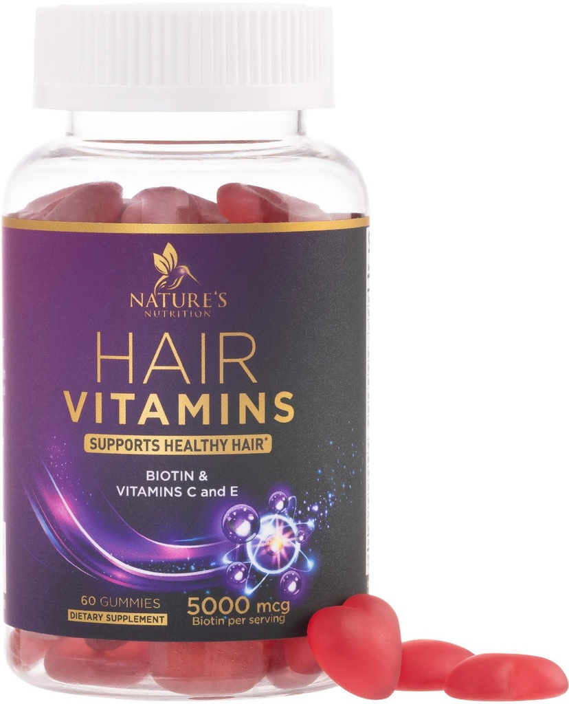 Vitamine de par Gummie cu Biotin 5000 mcg - mai puternic, păr radiant, piele &amp; unghii supliment - Vitamina E & C, suport de crestere a parului Vitamina pentru femei si barbati, non-GMO & Gluten gratuit - 60 Gume