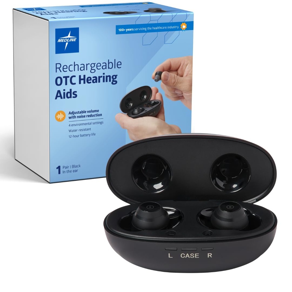 Medline Reîncărcabile SIDA auditivă OTC, negru, în-The-Ear, 4 Setări de mediu, Rezistent la apă, Volum reglabil, ușoară până la pierdere moderată a auzului, reducerea zgomotului, SIDA auditivă a urechii