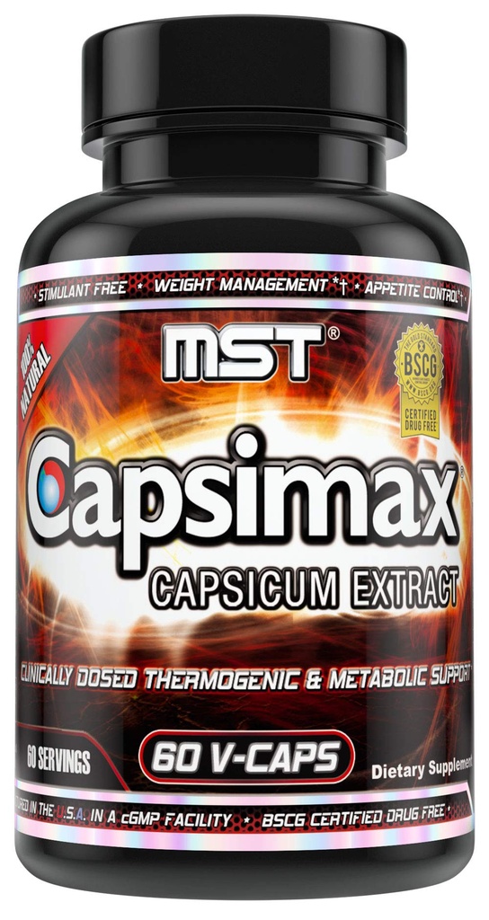 MST Capsimax Supliment 100mg V Capsule, 60 Serviri Managementul greutatii cu doza clinica, Control termogenic, Apetit, Calorie Burning, Sanatate metabolica, Stimulant Gratuit. BSCG Certificat
