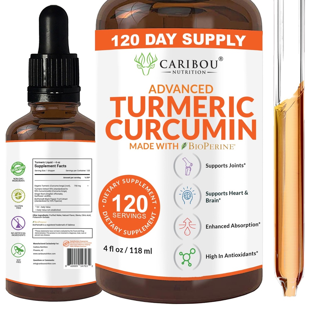 Curcumină cucurcumină lichidă cu bioperină pentru absorbție îmbunătățită - supliment de curcumina turmerică pentru suport comun - Extract de turmerică cu piper negru - 2 luni de aprovizionare - 4 oz