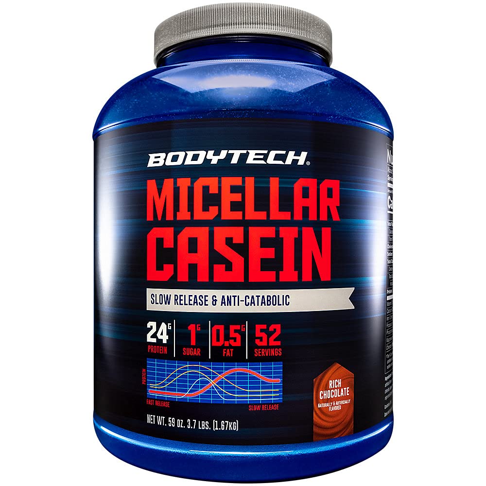 BODYTECH Micellar Pulbere de proteine cazeină, eliberare lentă pentru recuperare musculară peste noapte - 24 grame de proteine per servire - Ciocolată bogată (4 Lire)