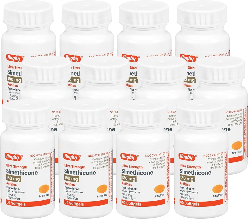 Rugby Ultra Putere Simethicone Relief de gaz 180 mg - Relief de gaz maxim pentru adulți - Poate ajuta cu simptome de flatulență, balonare, gaz Fullness - 60 Softgels (12 ambalaj)